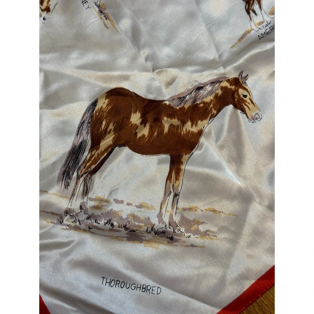 Vintage Horse Breeds Square Scarf Red White Equestrian Made in Japan 29x29